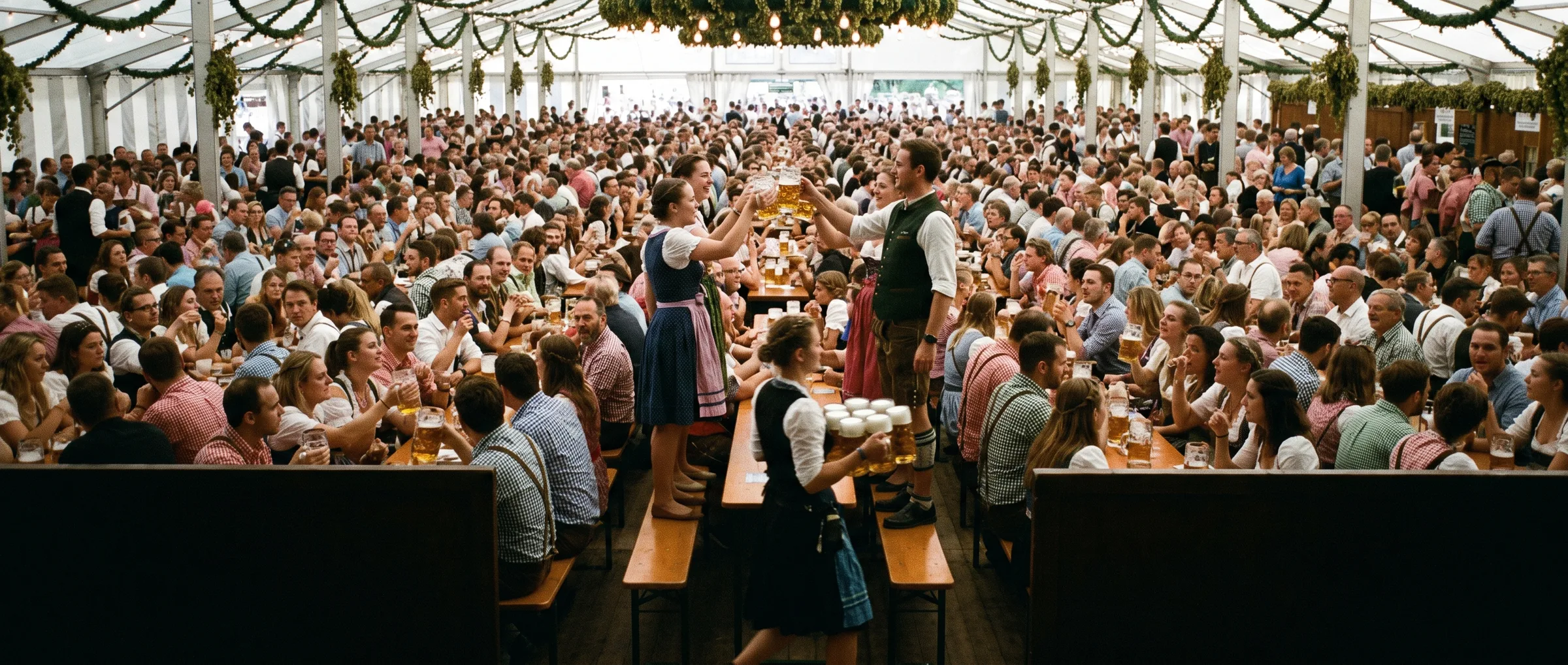 Volles Festzelt am Abend: hunderte Gäste an langen Biertischen unter Lichterketten und Hopfengirlanden, in der Mitte stoßen Bedienungen mit Maßkrügen an.